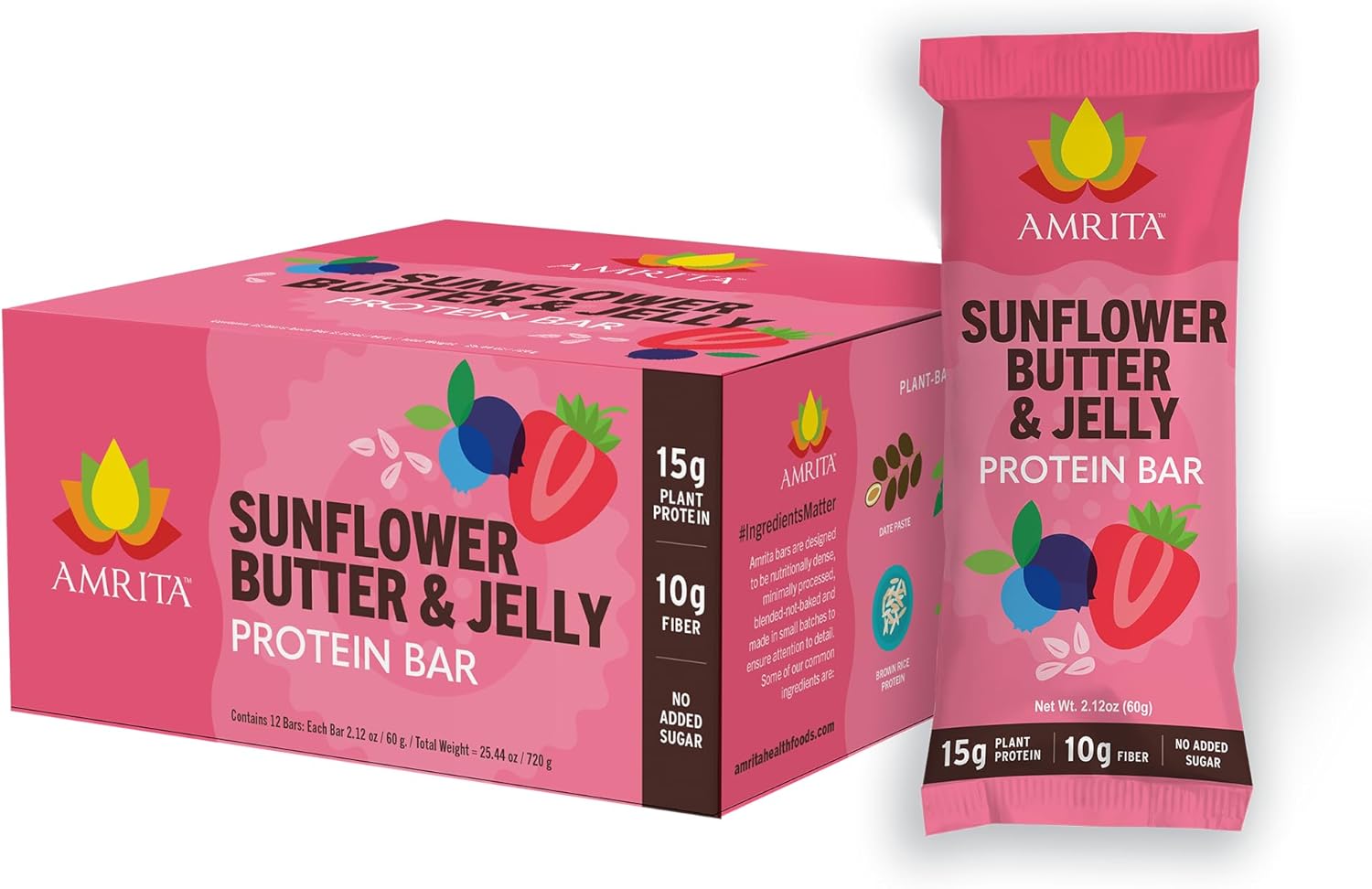 Amrita Nut Free Sunflower Butter & Jelly Vegan Protein Bars (12 Count) | 15g Plant-Based Protein Bar | Peanut Free, Gluten Free, and Dairy Free | Low Sugar, High Fiber, Healthy School-Safe Snacks