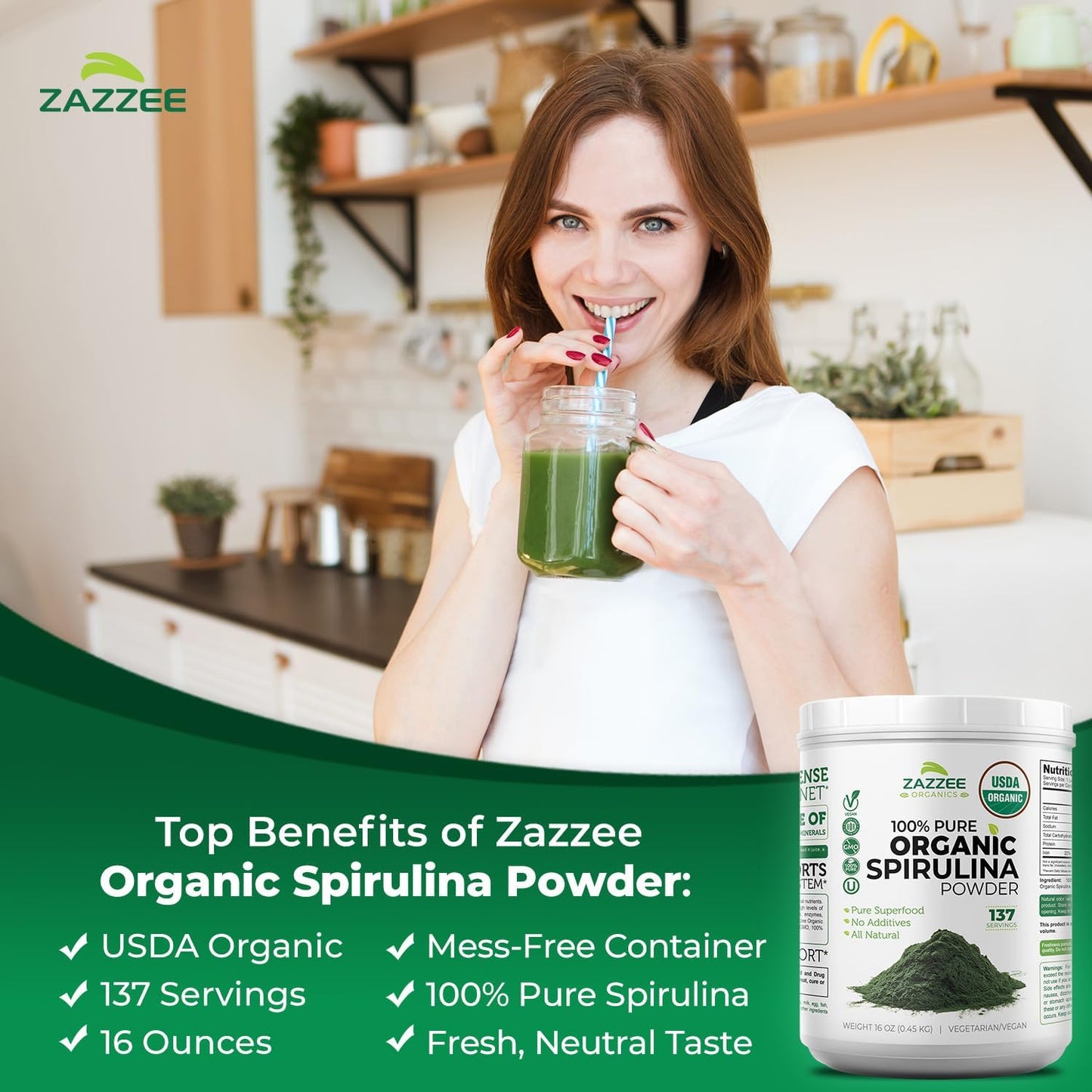 Zazzee Organic Spirulina Powder, 16 Ounces (1 LB), USDA Certified, 137 Servings, 100% Pure, Kosher, Non-Irradiated, Mess-Free Wide Mouth Container, Fresh Smell and Neutral Taste, Non-GMO, Gluten-Free