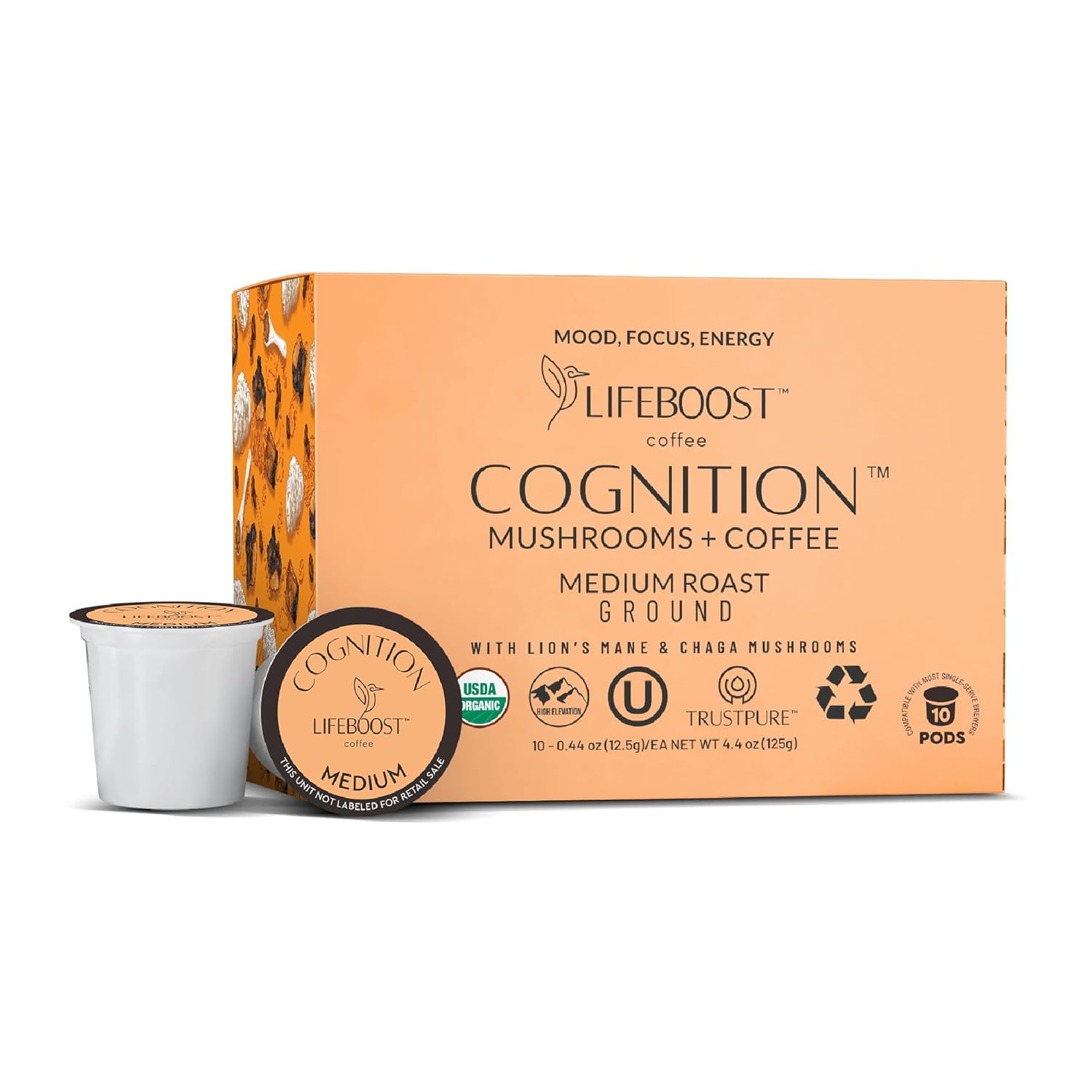 Lifeboost Cognition Mushroom Coffee Pods – Organic Low Acid K-Cups with Lion’s Mane & Chaga Adaptogens – Nootropic Coffee for Energy, Focus & Immune Support – 10 Count