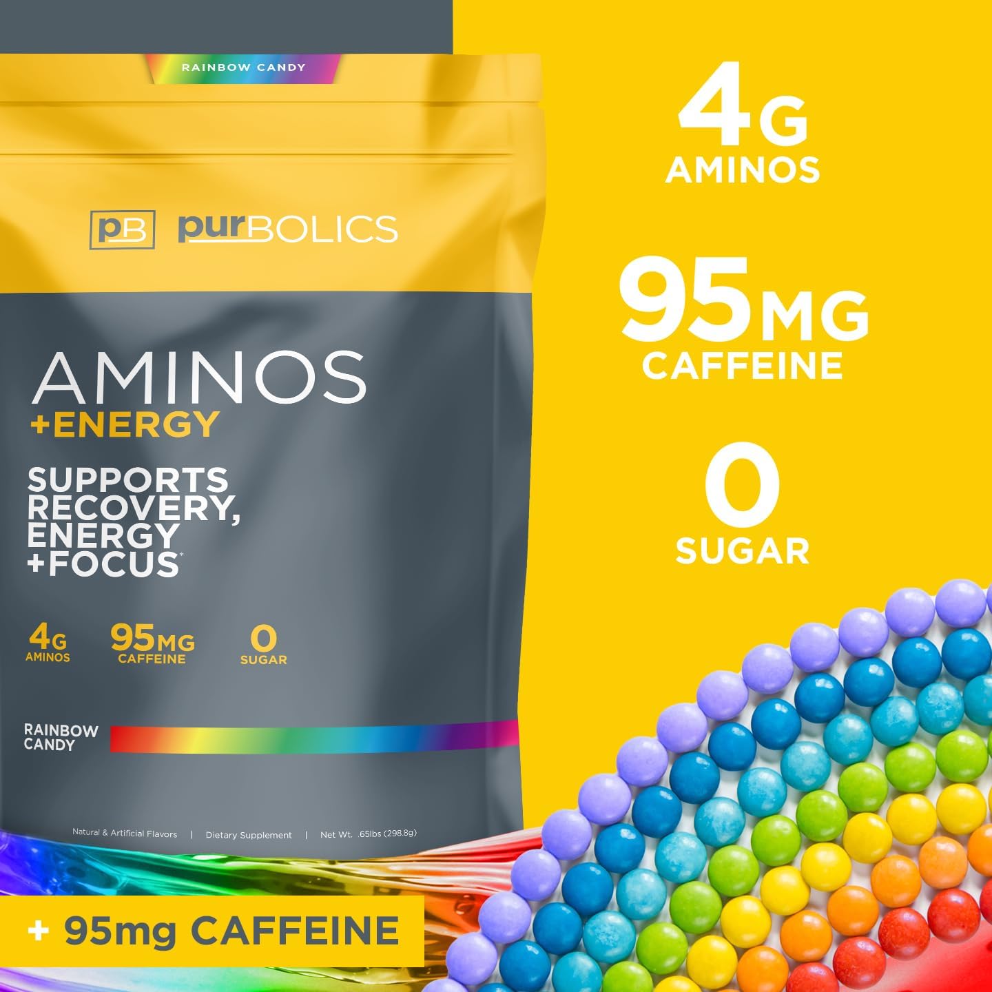 Purbolics Aminos + Energy | Supports Recovery, Energy & Focus | 95mg of Caffeine, 0 Sugar & 60 Servings (Rainbow Candy)