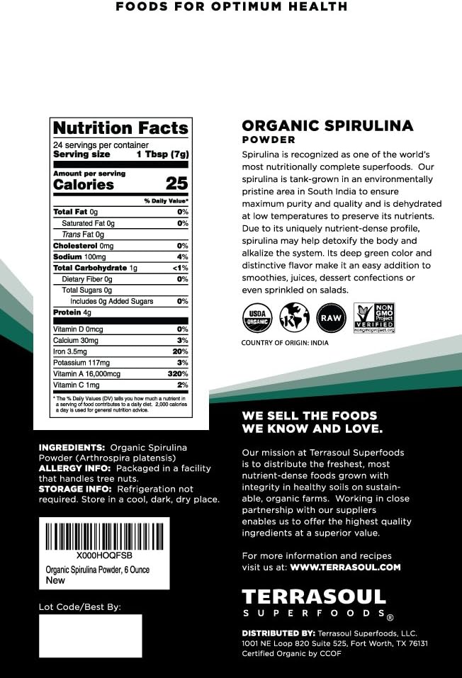 Terrasoul Superfoods Organic Spirulina Powder, 6 Oz, Vegan Protein, Green Superfood Boost for Smoothies, Detoxifying Elixirs, and Immune Support (Pack of 2)