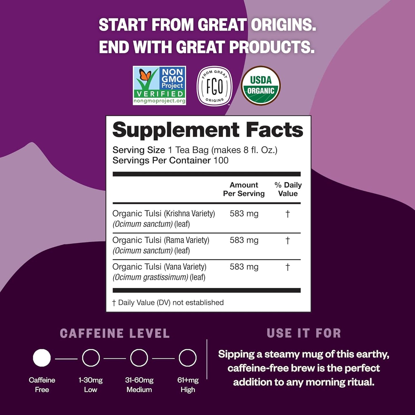 FGO Organic Tulsi Holy Basil Tea, 100 Count, Eco-Conscious Herbal Tea Bags, Resealable Bag, Caffeine Free, Packaging May Vary (Pack of 1)