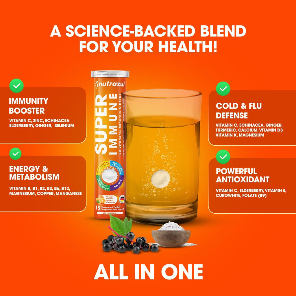 nutrazul Super Immune 30 Effervescent Tablets, 20 Vitamins & Minerals, Herbal Extracts to Support Daily Routine, Vitamin C, Zinc, Elderberry & Echinacea, Vegan, Gluten-Free, Sugar-Free, Orange Flavor