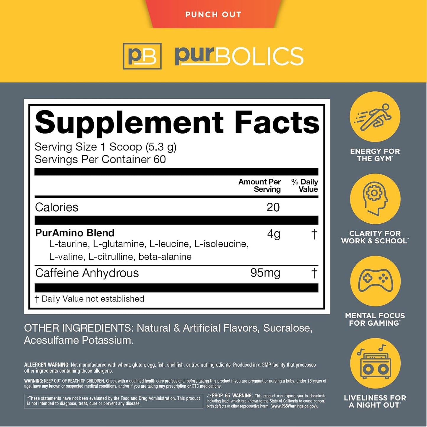 Purbolics Aminos + Energy | Supports Recovery, Energy & Focus | 95mg of Caffeine, 0 Sugar & 60 Servings (Punch Out)