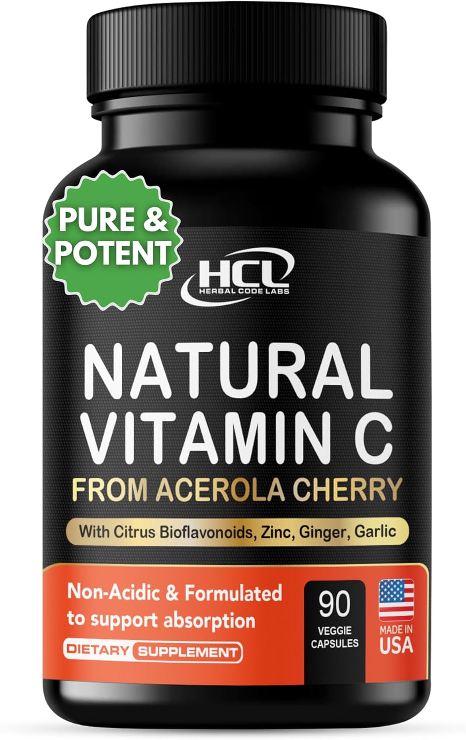 HCL HERBAL CODE LABS Natural Vitamin C from Organic Acerola Cherry - High Absorption - with Garlic Ginger & Citrus Bioflavonoids - Immune System & Collagen Booster - Anti Aging Skin Vitamins