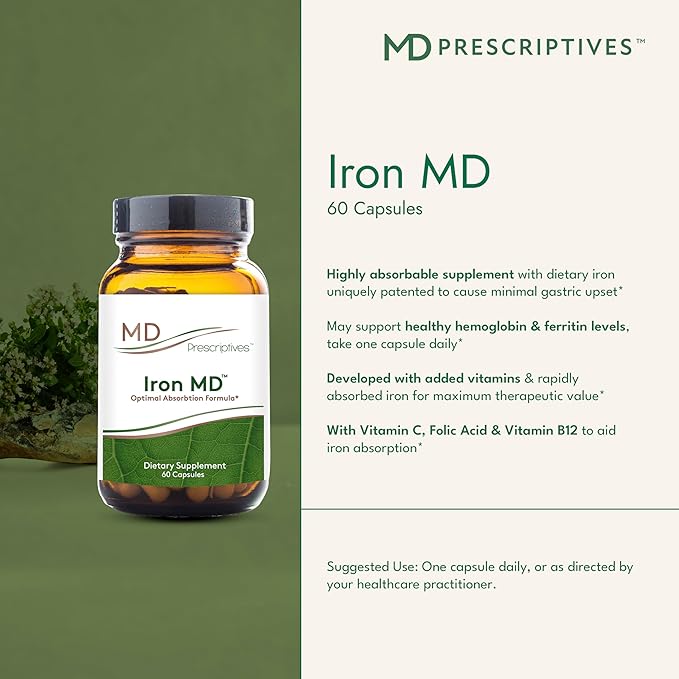 MD Prescriptives Iron MD Capsules - Daily Iron Supplement for Women & Men with Vitamin C, Vitamin B12 & Folic Acid - Optimal Absorption Formula - 60 Veg Capsules