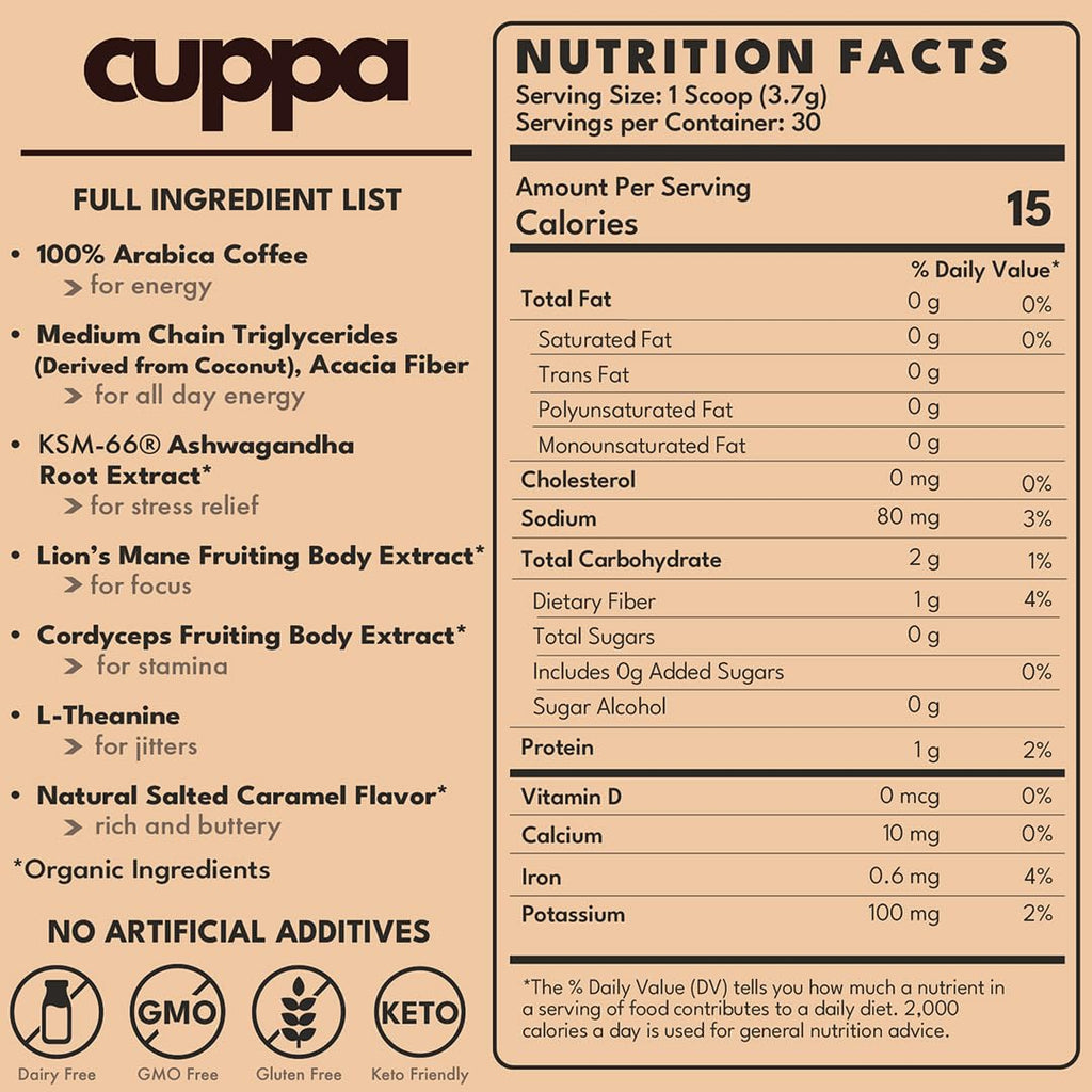 Cuppa Salted Caramel Healthy Mushroom Instant Coffee with Lion's Mane & Ashwagandha for All Day Energy & Focus - No Crash or Jitters - Nootropics for Brain Health, Gut Health, Immunity, Stress, Memory + Mood - 30 Servings