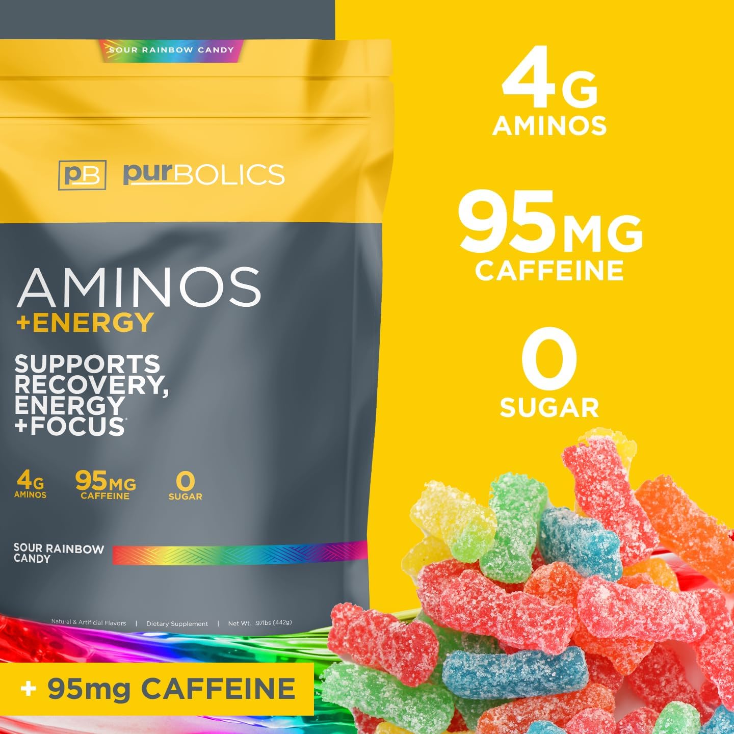 Purbolics Aminos + Energy | Supports Recovery, Energy & Focus | 95mg of Caffeine, 0 Sugar & 60 Servings (Sour Rainbow Candy)