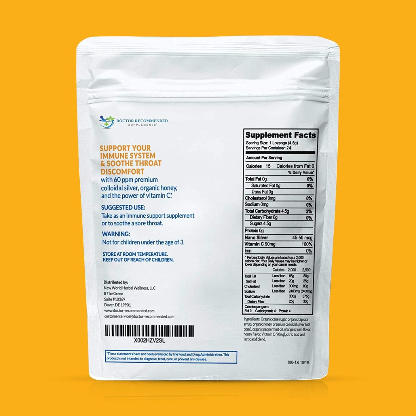 Silver Lozenges with Vitamin C - Premium Nano Silver 60 PPM Colloidal Silver, Organic Honey and Vitamin C Mineral Supplement Drops to Support Immune System, Soothe Cough & Throat - 24 Orange Lozenges