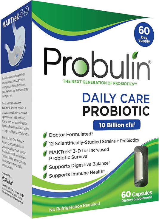 Probulin Daily Care Probiotic Supplement, Digestive, Gut, and Immune Health Support Capsules for Men and Women, 10 Billion CFU, Vegan, 60 Count Box