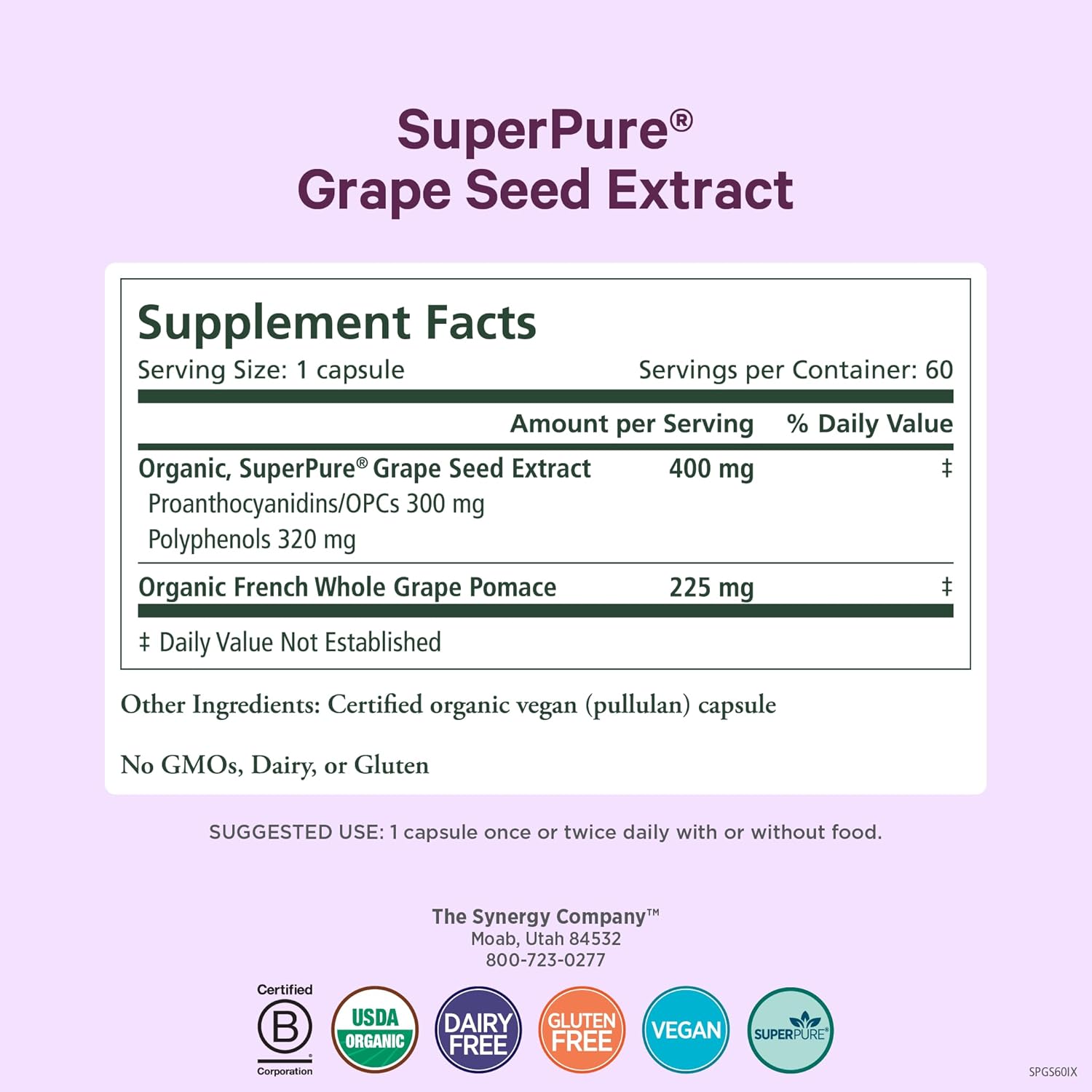 Pure Synergy SuperPure Grape Seed Extract | Organic Grape Seed Polyphenols Supplement with Whole Fruit | for Heart Health, Skin, and Healthy Aging Support (60 Capsules)