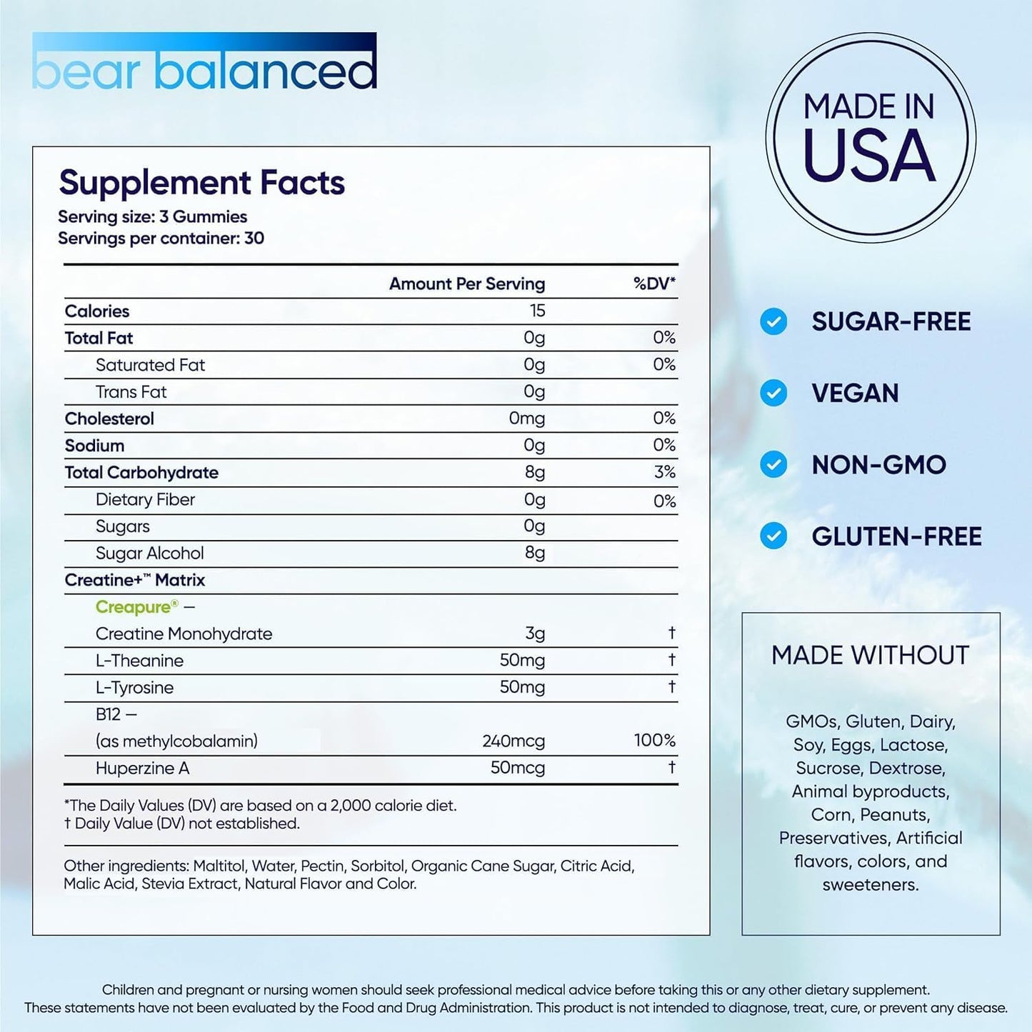 Bear Balanced Creatine Gummies for Men & Women - Creapure® Creatine Monohydrate, L-Theanine, L-Tyrosine & B12 for Muscle Growth, Strength, Focus, Energy & Health - Low Calorie, Sugar-Free, & Vegan