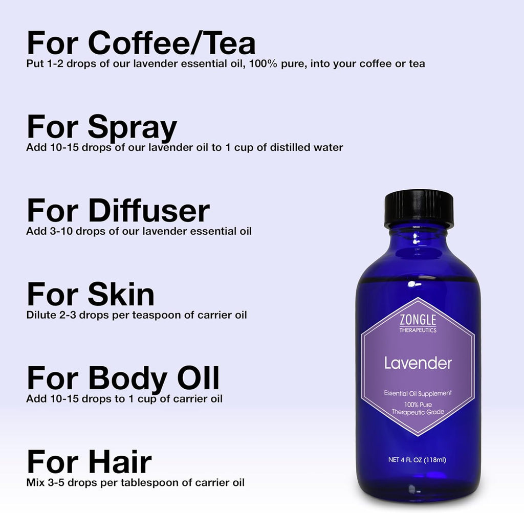 Lavender Essential Oil, Food Grade, for Drinks, Skin, Hair – 100% Pure, Lavender Oil, by Zongle Therapeutics, 4 OZ