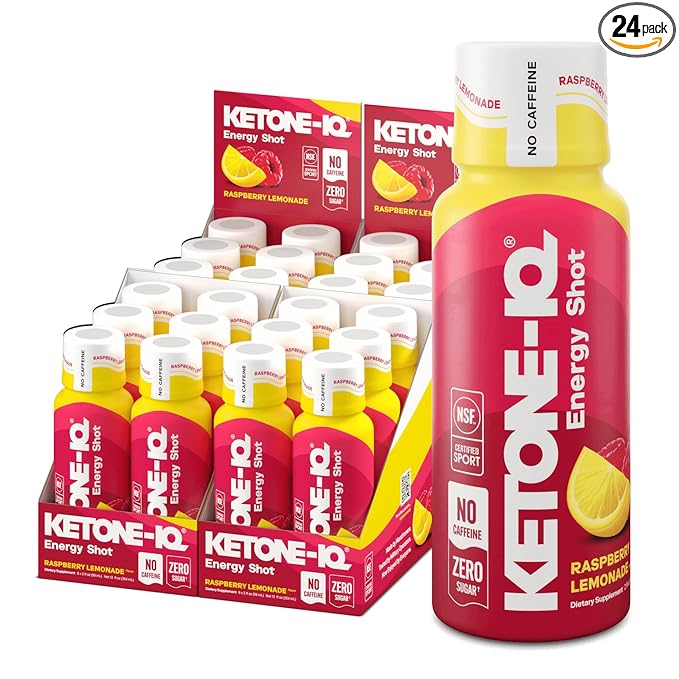 Ketone-IQ No Caffeine Exogenous Ketones Energy Shots - 24 Pack of Caffeine Free Energy Drinks with 10g Ketones - Sugar Free, Salt Free, and All Natural (Raspberry Lemonade)