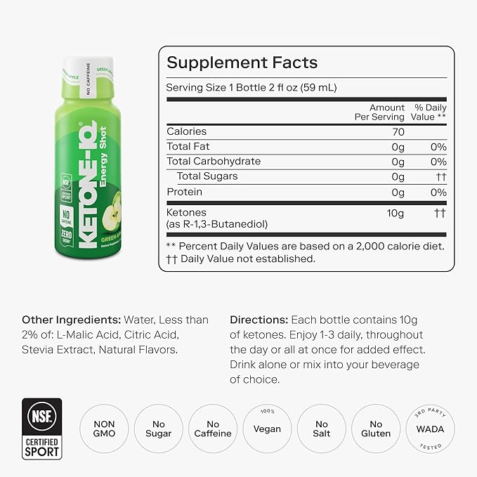 Ketone-IQ No Caffeine Exogenous Ketones Energy Shots - 24 Pack of Caffeine Free Energy Drinks with 10g Ketones - Sugar Free, Salt Free, and All Natural (Green Apple)