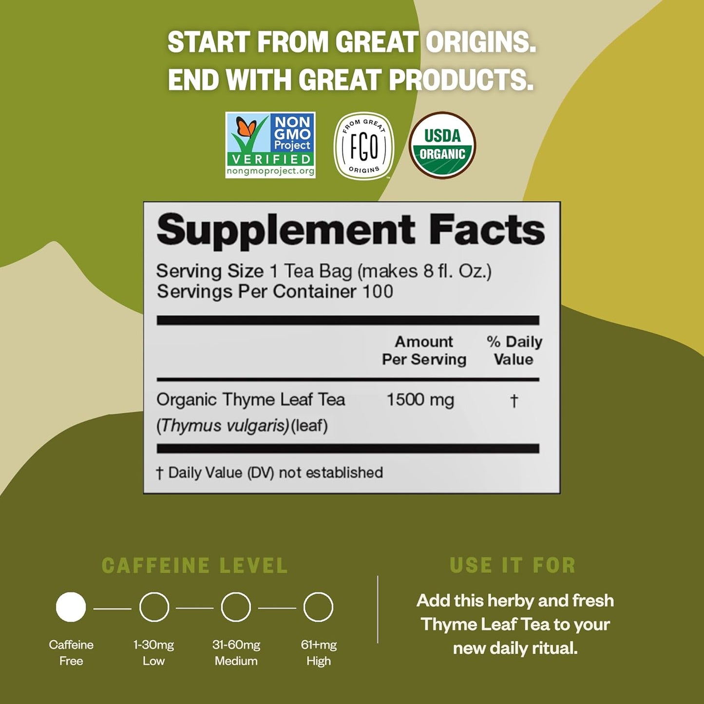 FGO Organic Thyme Leaf Tea, 100 Count, Eco-Conscious Tea Bags, Caffeine Free, Resealable Bag, Packaging May Vary (Pack of 1)