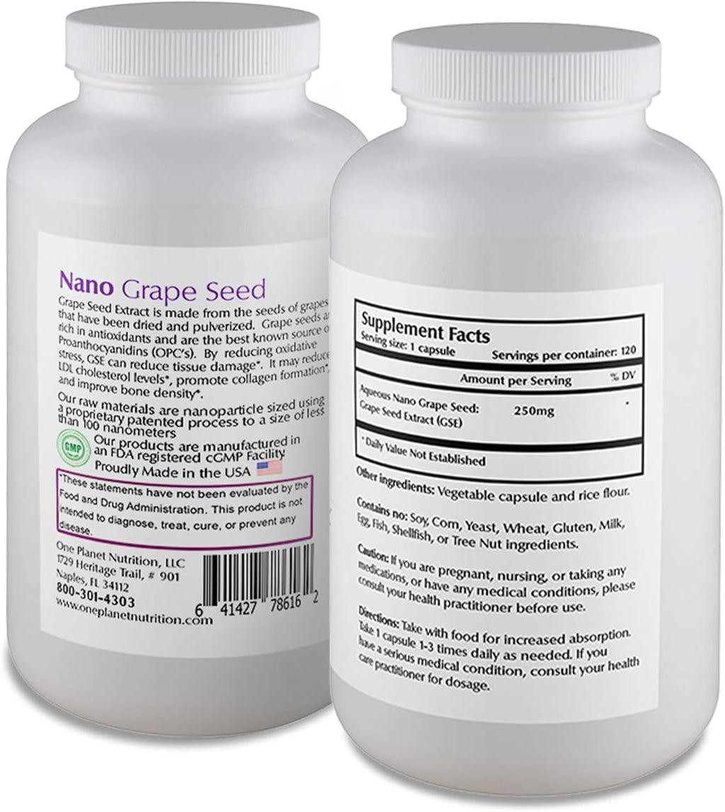 Nano Grape Seed Extract 250 mg Veggie Capsules (120 Servings), Nano for Enhanced Absorption, Supports Antioxidant Health for Vascular Health, Non-GMO, Vegan, Gluten Free