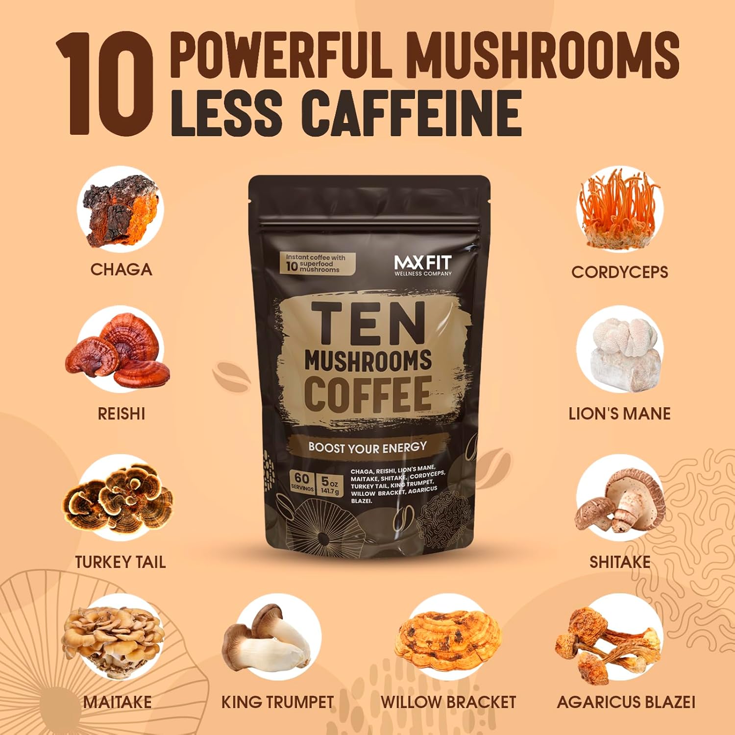 Mushroom Coffee (60 Servings) 10 Mushrooms (Lion’s Mane, Cordyceps, Turkey Tail & Other) Mixed With Gourmet Arabica Instant Immune Boosting Coffee for Focus & Gut Health Support