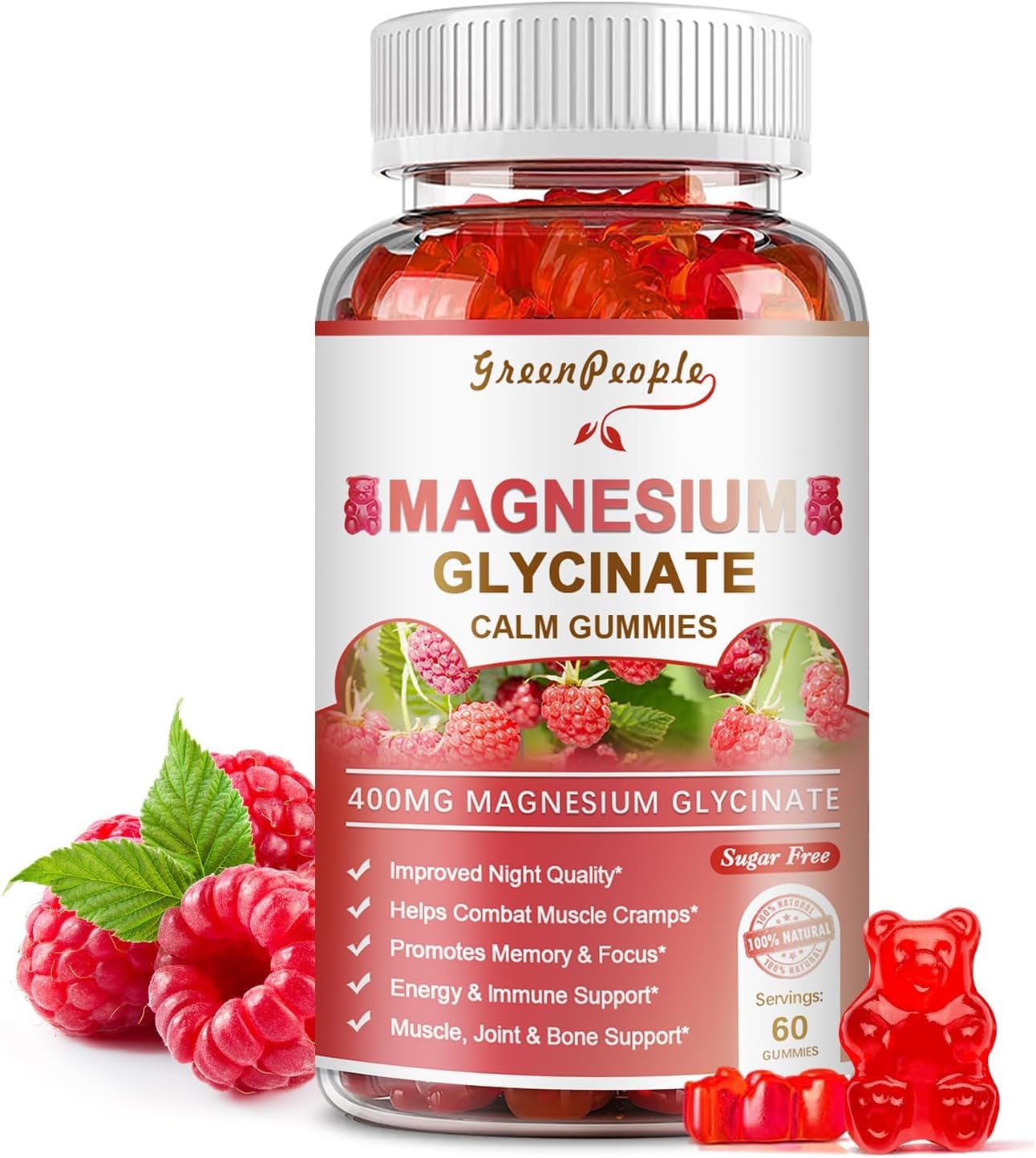 GREENPEOPLE Magnesium Glycinate Gummies 400mg - Sugar Free Magnesium Potassium Supplement with Magnesio Malate, Vitamin D, B6, and CoQ10 for Calm Support & Sleep for Adults - Raspberry Gummies