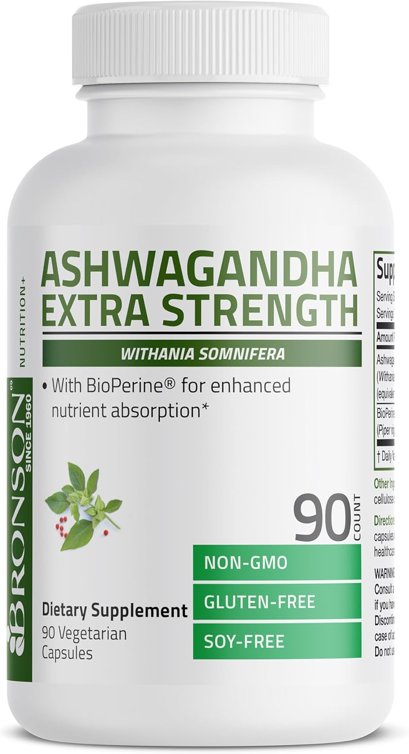 Bronson Ashwagandha Extra Strength Stress & Mood Support with BioPerine - Non GMO Formula, 90 Vegetarian Capsules