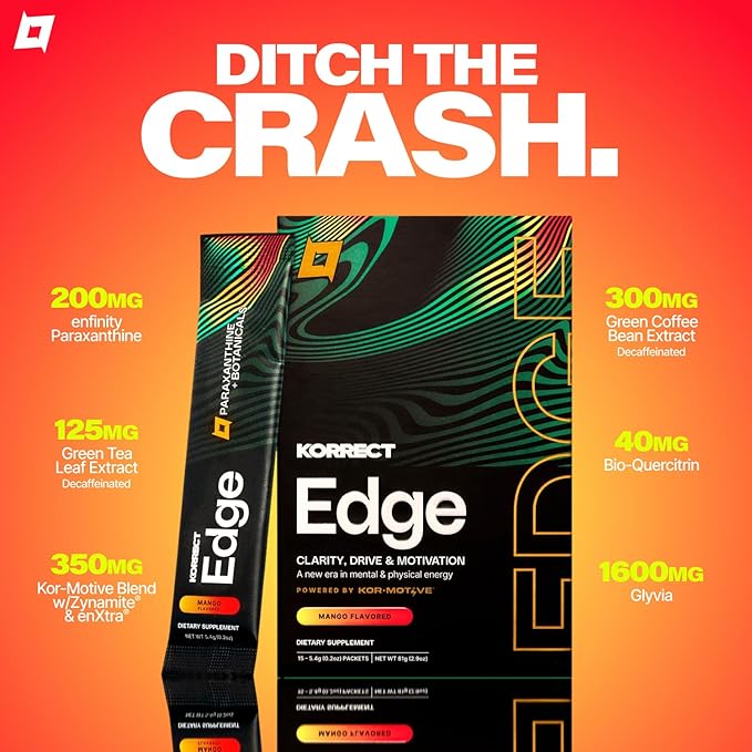 KORRECT Mental Performance Edge Powder (Mango) for Men & Women | Focus & Mental Clarity | Paraxanthine, Jitter-Free Energy | Non-GMO, cGMP Certified | 15 Packets