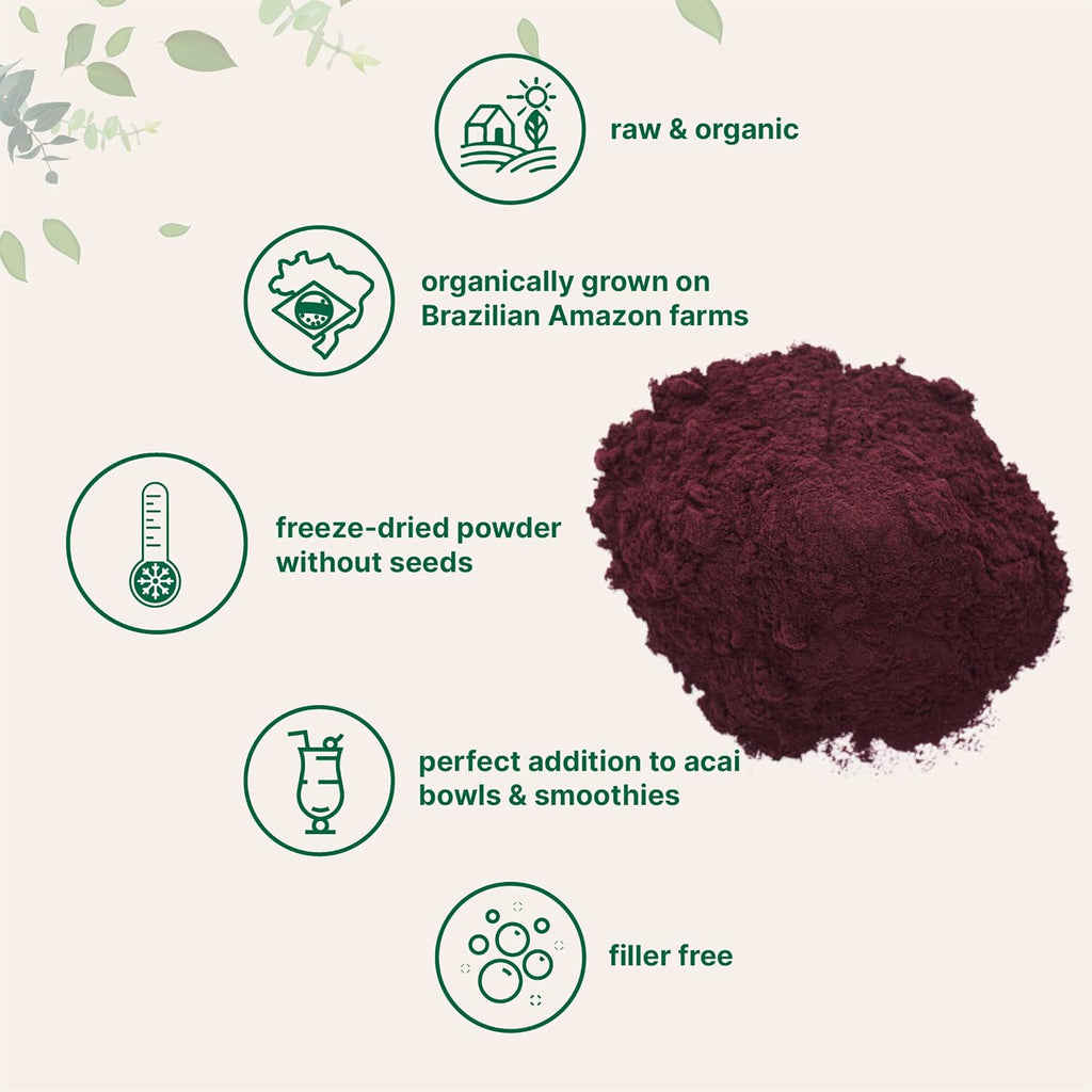 Organic Acai Powder, 8oz | 100% Natural Fruit Powder | Freeze-Dried Brazilian Wildberry Source | No Sugar & Additives | Great Flavor for Drinks, Smoothie, & Beverages | Non-GMO & Vegan Friendly