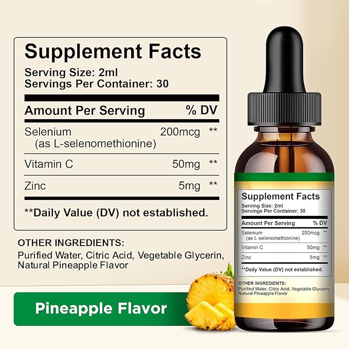 2 Pack Selenium Liquid Drops, 200mcg Liquid Selenium Supplement with Vitamin C & Zinc, Support for Immune System, Antioxidant & Heart Health, High Absorption, Pineapple Flavor