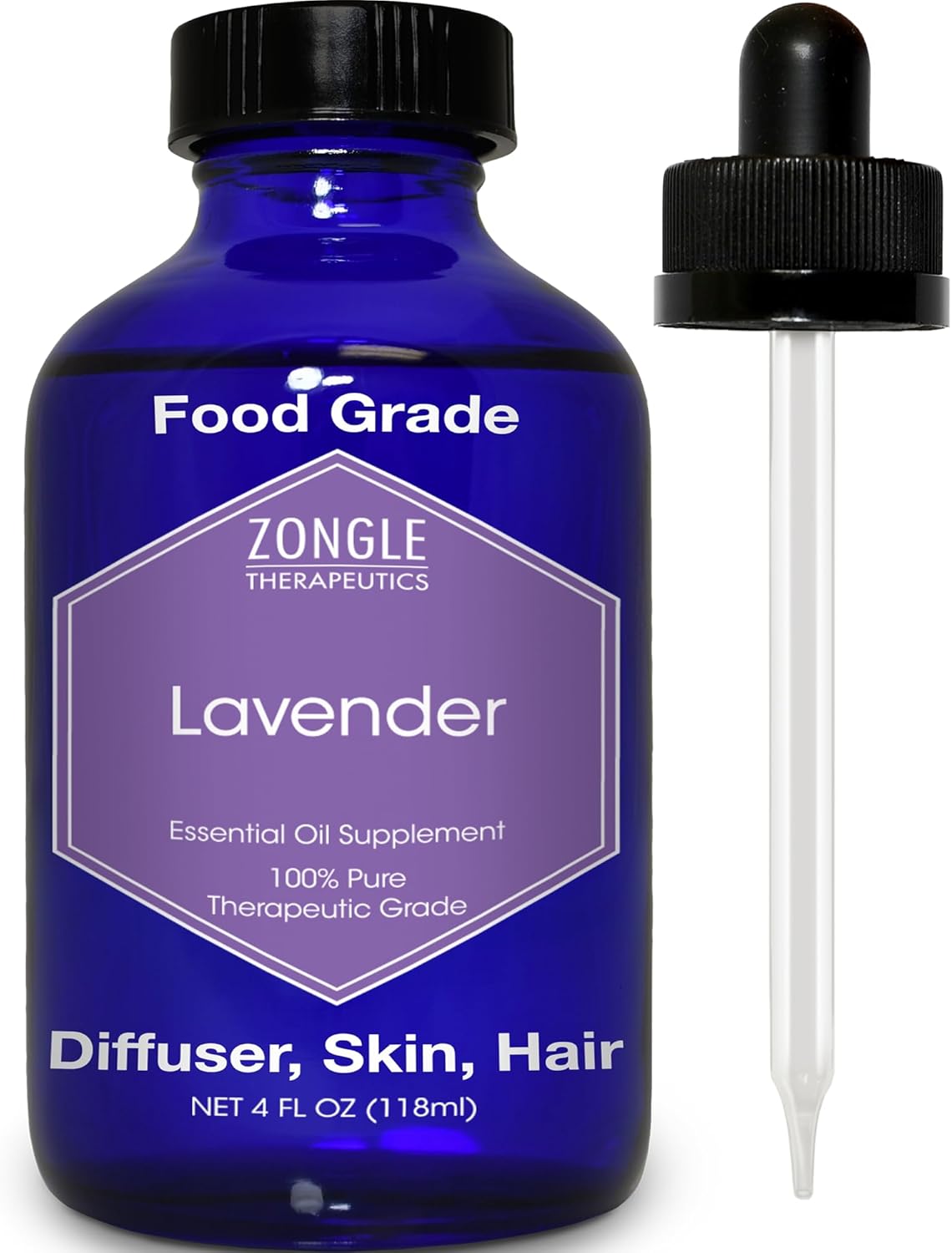 Lavender Essential Oil, Food Grade, for Drinks, Skin, Hair – 100% Pure, Lavender Oil, by Zongle Therapeutics, 4 OZ