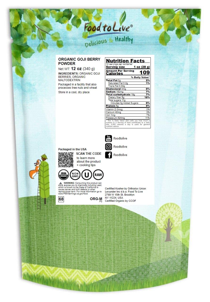 Food to Live Organic Goji Berry Powder, 12 Ounces Non-GMO, Kosher, Vegan, Bulk, Contains Maltodextrin