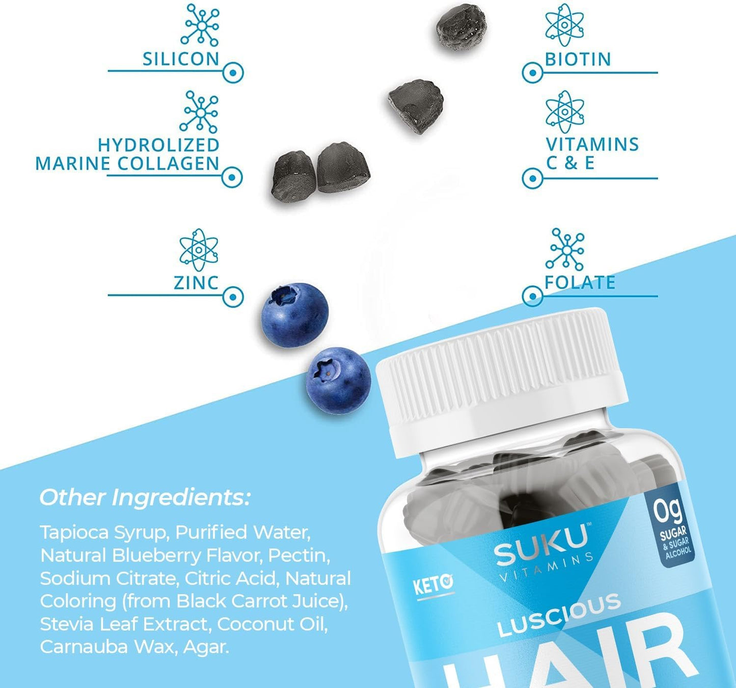 SUKU Vitamins - Luscious Hair - Silicon Biotin and Hydrolyzed Marine Collagen Gummies for Skin, Hair & Nails - Easy to Chew - Non GMO, Gluten Sugar Free - Blueberry Flavored Gummy Vitamins - 50 Count