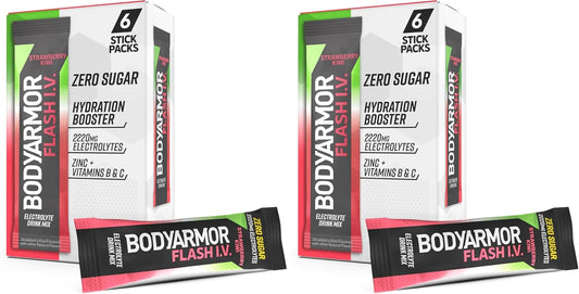 BODYARMOR Flash IV Electrolyte Packets, Strawberry Kiwi - Zero Sugar Drink Mix, Single Serve Packs, Coconut Water Powder (6 Count) (Pack of 2)