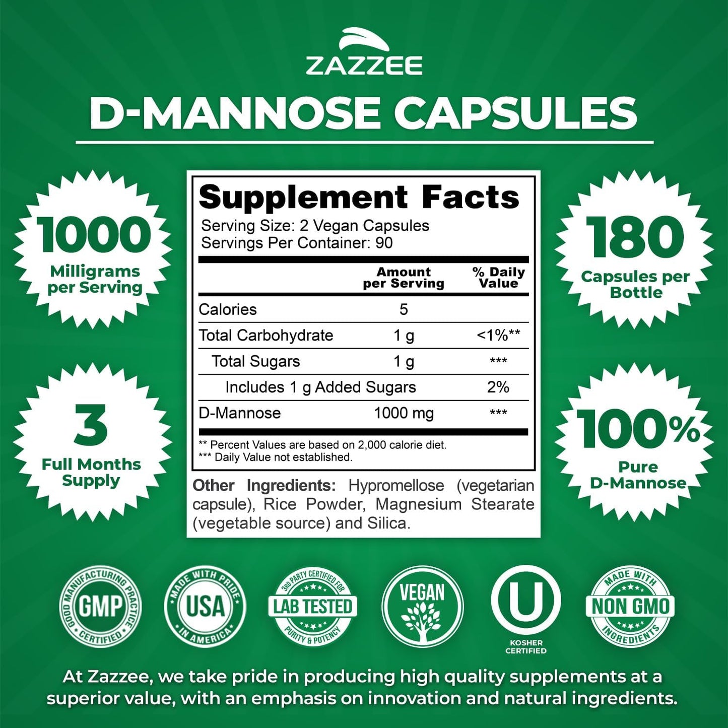 Zazzee D-Mannose, 1000 mg per Serving, 180 Vegan Capsules, 3 Month Supply, Potent & Fast-Acting, Certified Kosher, 100% Pure, All-Natural Urinary Tract Health Support, 100% Vegetarian, Non-GMO