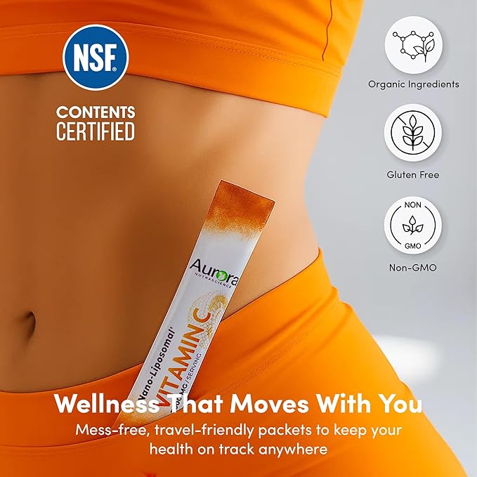 Vida Lifescience Aurora Nutrascience Nano-Pack Liposomal Vitamin C Powder Drink Mix, Immune Support, High Strength 3,000 mg Per Serving, 30 Single Serve Packets, Orange