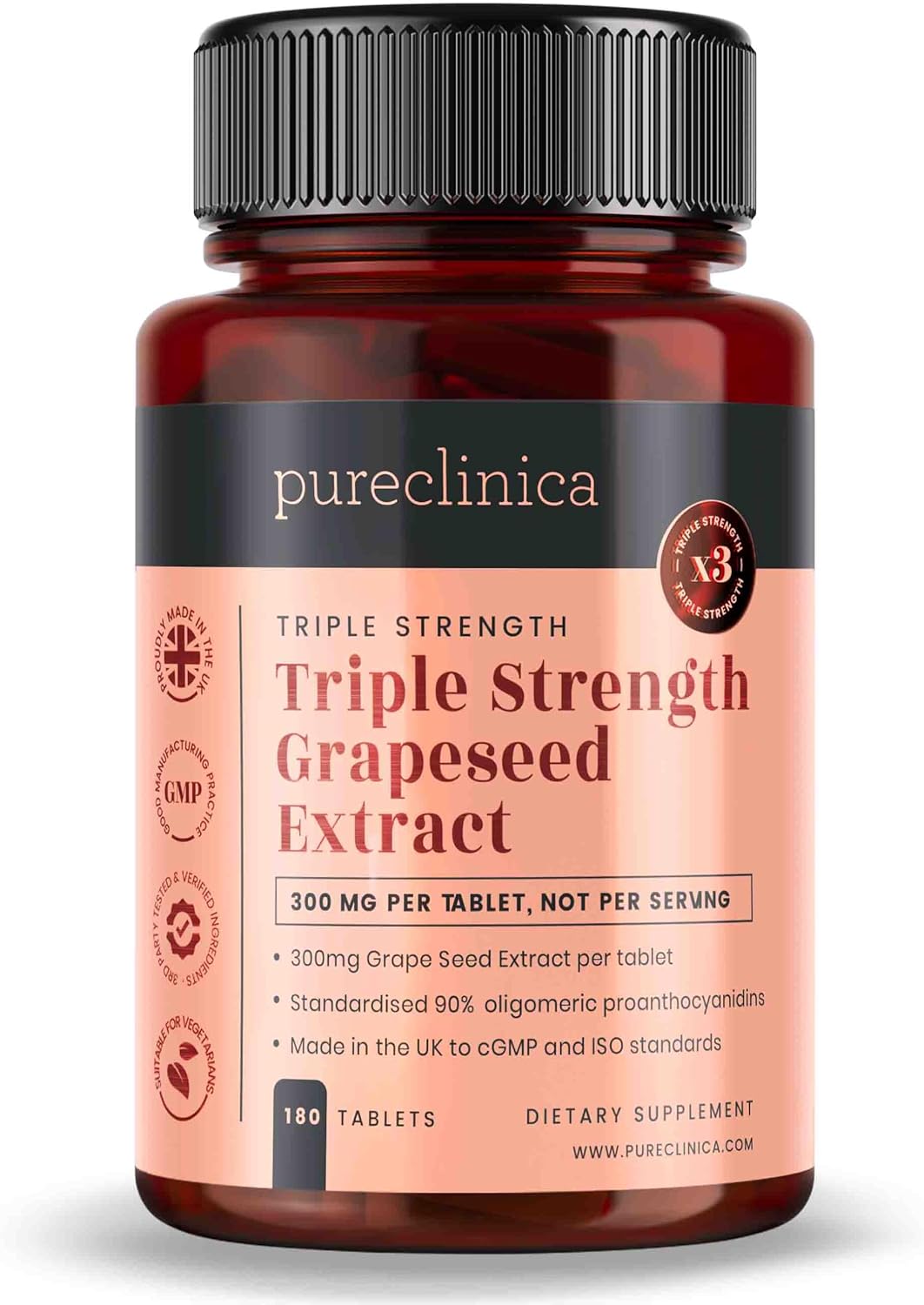 pureclinica Grape Seed Extract 300mg x 180 Tablets - 90% Oligomeric Proanthocyanidins. 300% Stronger Than Regular Grape Seed.