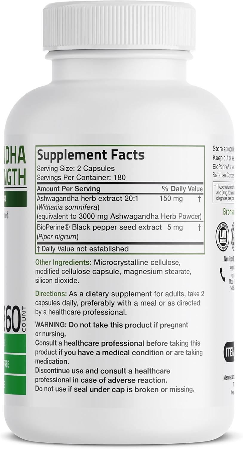 Bronson Ashwagandha Extra Strength Stress & Mood Support with BioPerine - Non GMO Formula, 360 Vegetarian Capsules