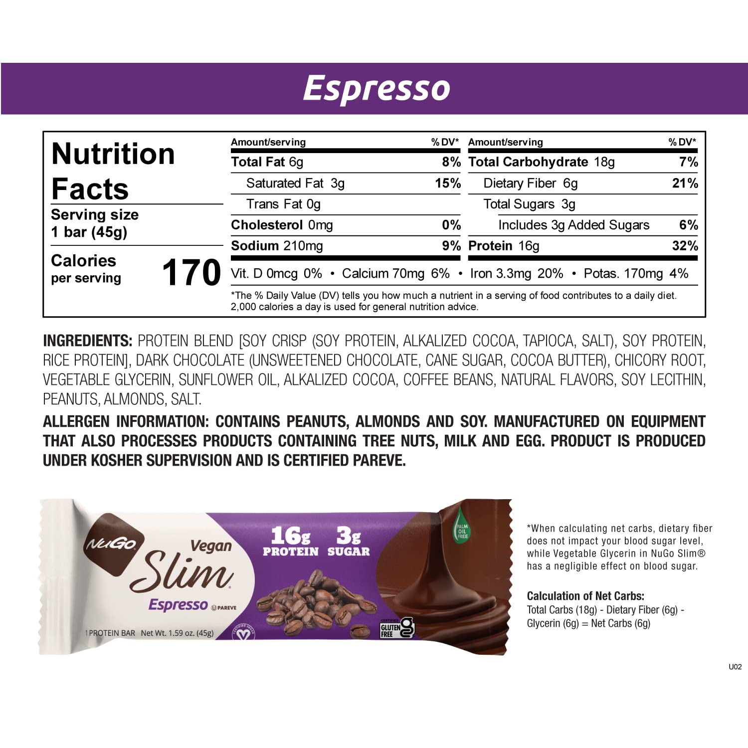 NuGo Slim Dark Chocolate Espresso, 16g Vegan Protein, 3g Sugar, 7g Fiber, Low Net Carb, Keto Friendly, Gluten Free, 12 Count