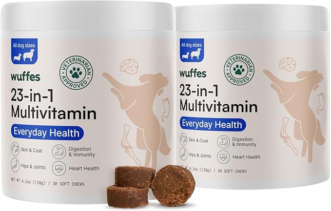 Wuffes 23-in-1 Dog Multivitamin Supplement for Hip & Joint, Skin & Coat and Immune System Support with Omega 3, Iron, Zinc, Vitamin C - Minerals & Vitamins for Senior Dogs and Puppies - 60 Soft Chews