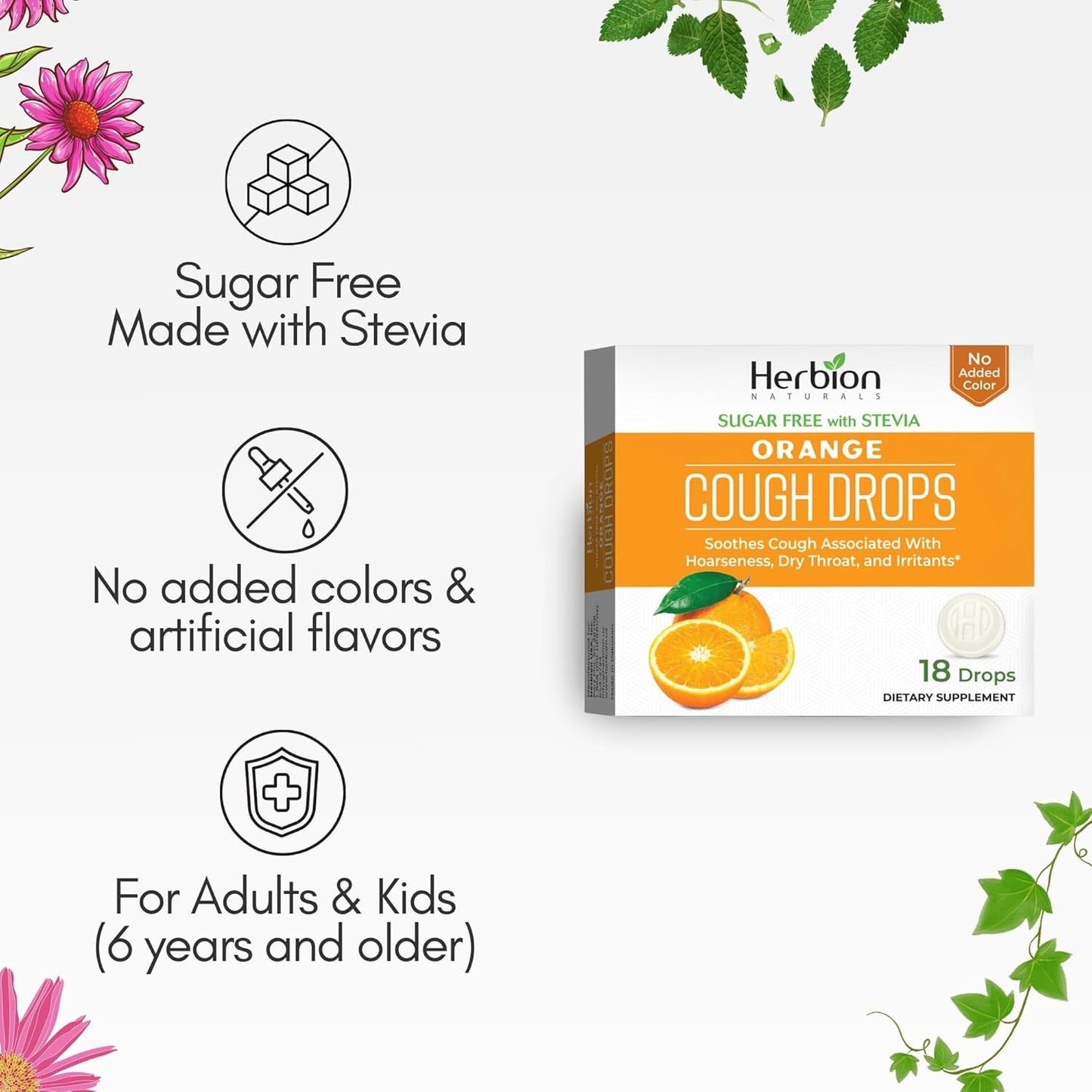 HERBION Naturals Cough Drops, Sugar Free with Stevia, Dietary Supplement, Soothes Cough, for Adults & Children Over 6 Years,18 Count, Orange, Pack of 1