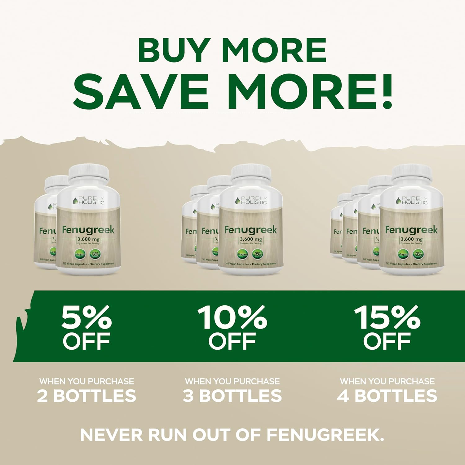 Purely Holistic Fenugreek Capsules 3600mg - 365 Vegan Capsules - Lactation Supplement - from Fenugreek Seeds - Concentrated x10 Extract - Non GMO for Women & Men