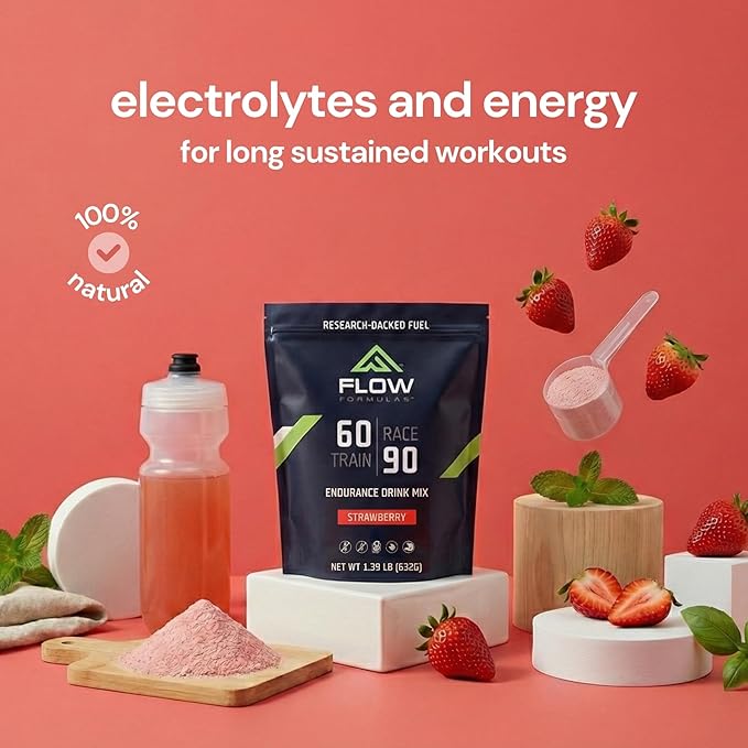 Flow Formulas Strawberry Endurance Drink Mix, Top 12 Allergen-Free, Carbohydrate & Electrolyte Sports Fuel Powder for Performance Training, High Carb Hydration Exercise Support, Gluten-Free, 10 Serv