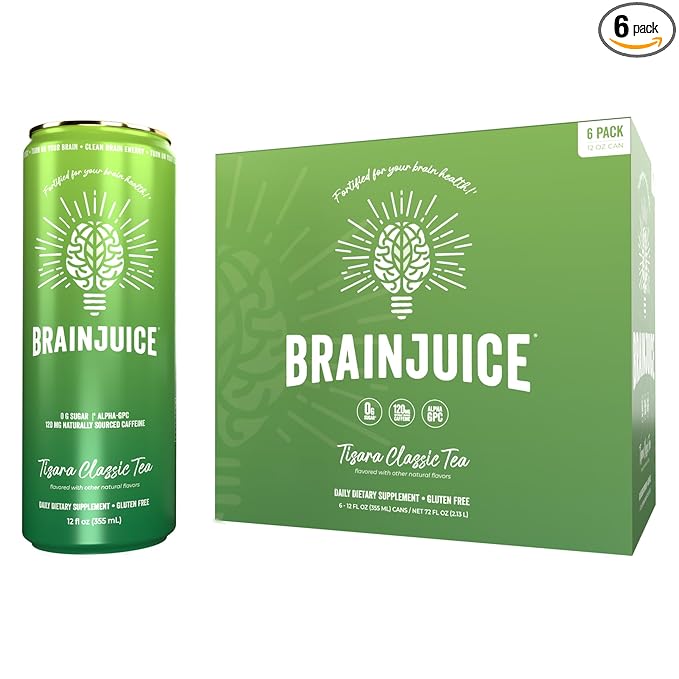 BrainJuice Brain Health Support Drink for Energy & Focus, Vitamin C, B5, B6 & B12, L Theanine, Alpha GPC & Natural Caffeine from Green Tea, Vegan, Gluten Free, Tisara Classic Tea, 12 Oz Can, 6 Pack
