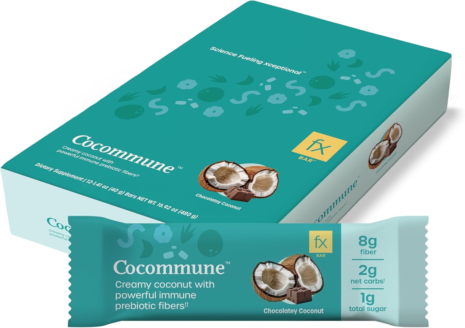 Fx Cocommune Fiber Supplement Bars - 8g Fiber with Prebiotic Fiber for Gut Health, Metabolism and Immune Support* - Vegan with 1g Sugar, 2g Net Carbs - Chocolate + Creamy Coconut (12 Bars)