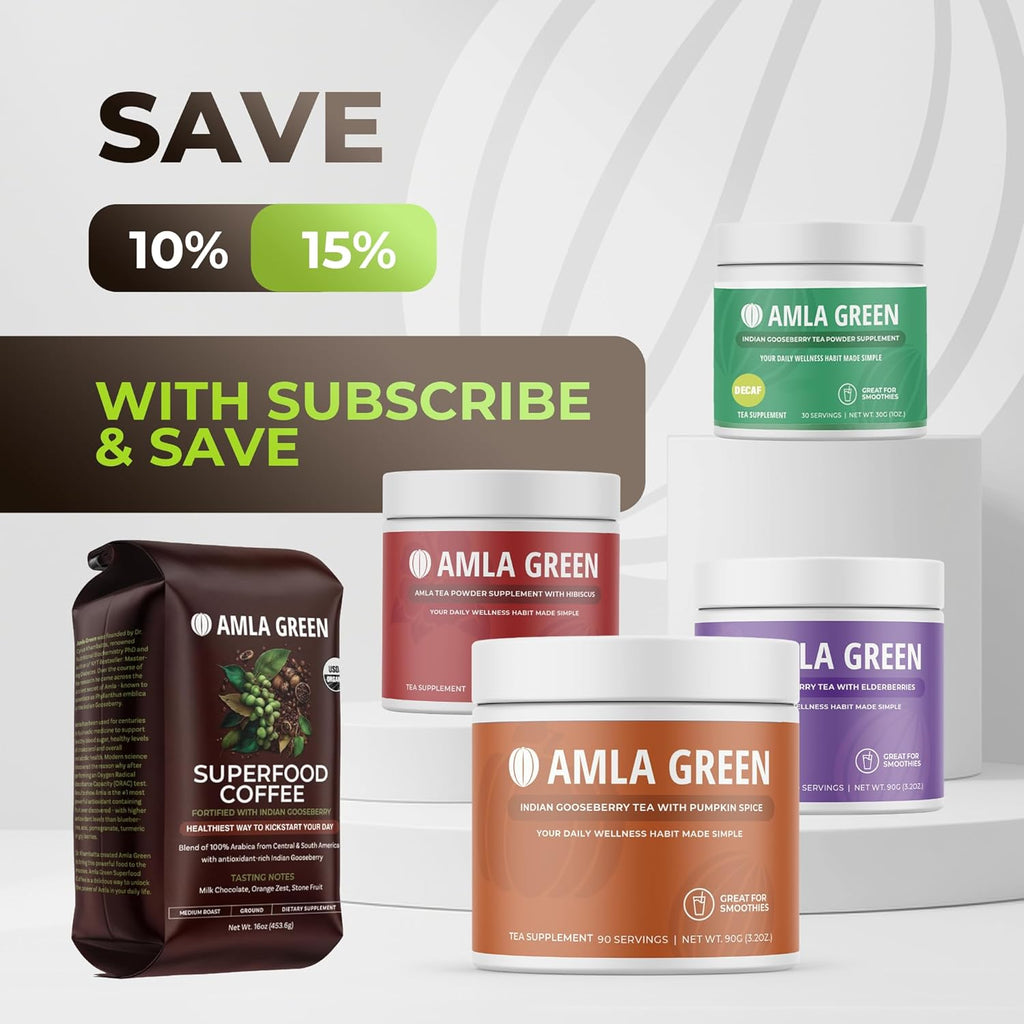 Amla Green Organic Ground Superfood Coffee, Medium Roast Gourmet Coffee with Antioxidant Rich Indian Gooseberry, 100% Arabica Specialty Coffee, 16 Oz