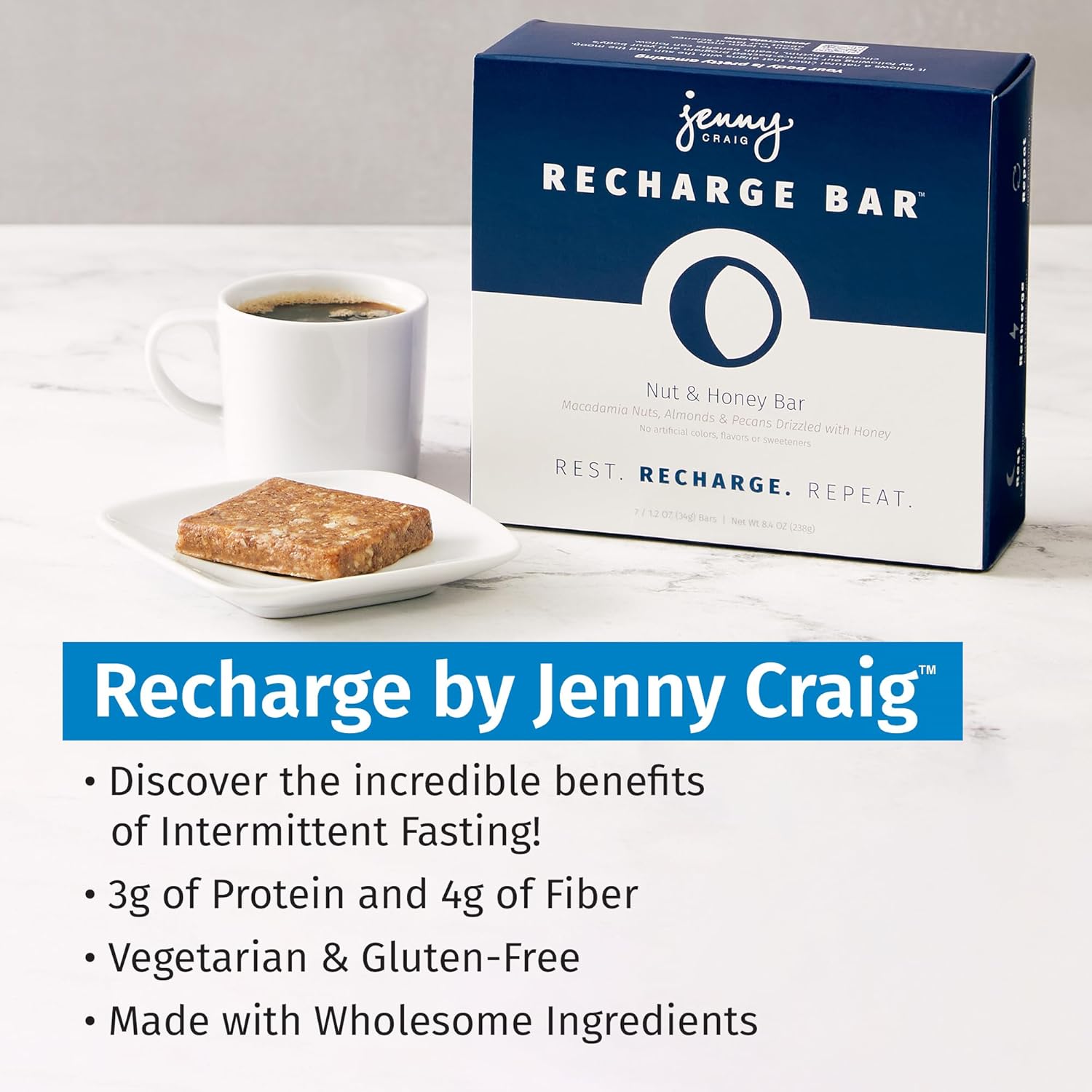 Recharge by Jenny Craig™ 14-Count Recharge Bars - REVOLUTIONARY Recharge BAR perfect for INTERMITTENT FASTING: designed to help curb hunger while you fast - Nut and Honey Flavor - (2 Packs of 7 Recharge Bars)