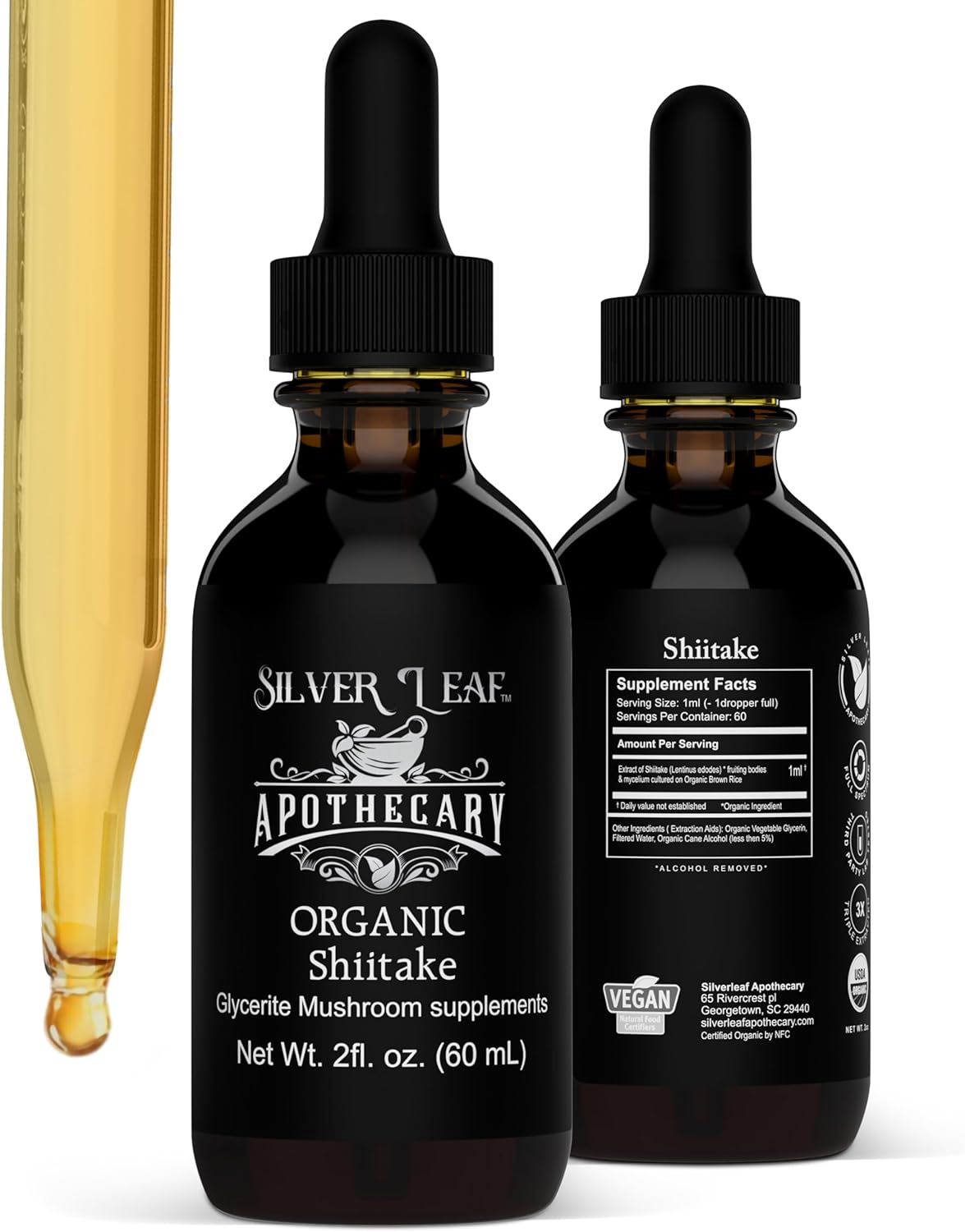 Organic Triple-Extracted Shiitake Mushrooms Tincture Immune Support Supplement for Overall Wellness Grown and Harvested in USA - 2 Fl Oz (60 mL)