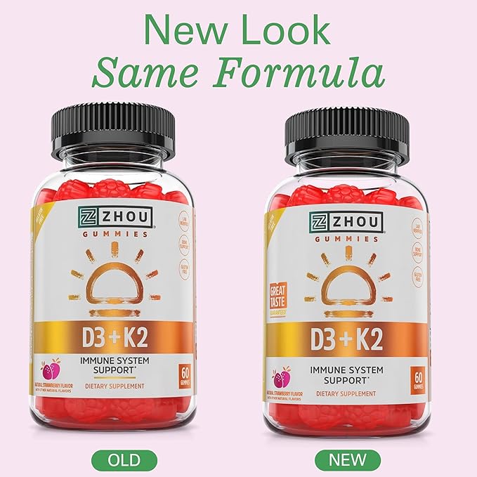 Zhou D3+K2 - Vitamin D3 K2 Supplement for Women & Men, Immune Support Vit D3 and K2 Gummy, Gelatin Free Formula with 5000 IU of D3 and MK-7 - 60 Veggie Gummies (Pack of 1)