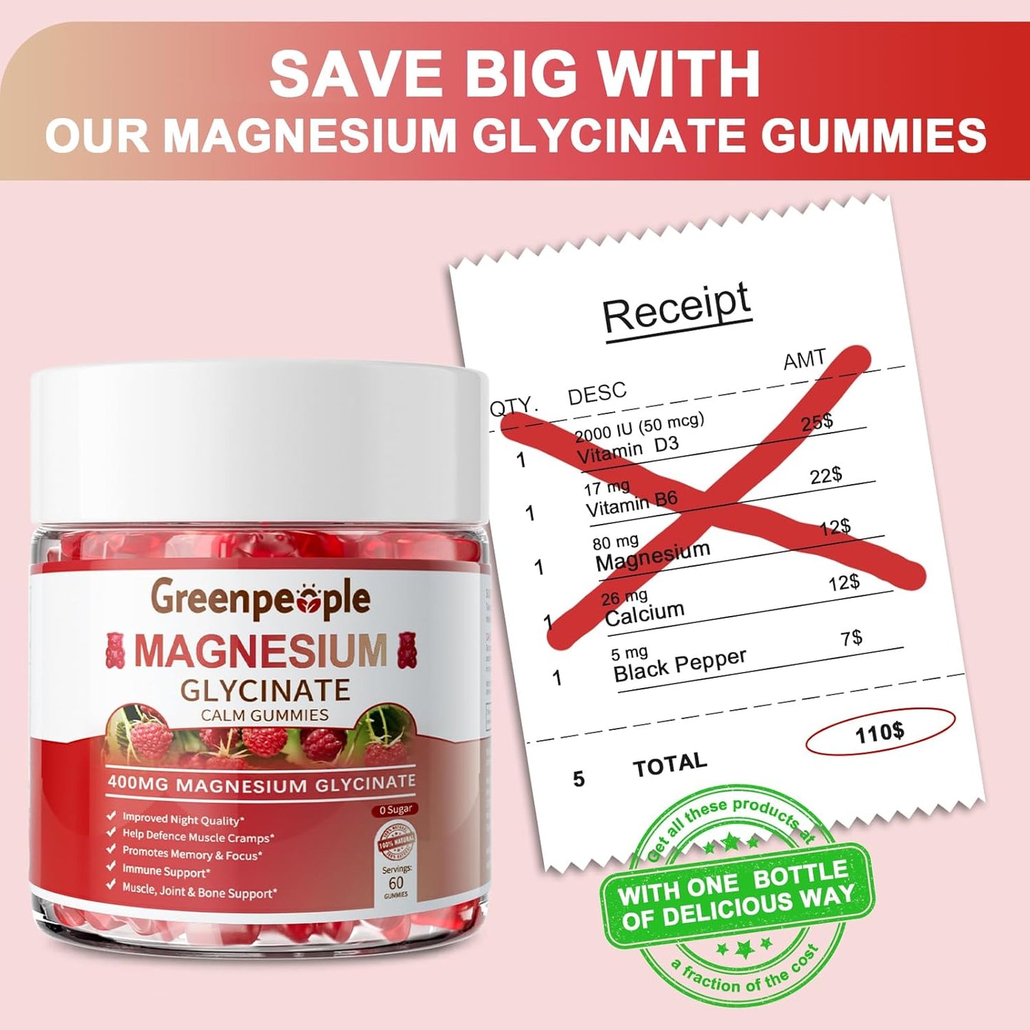 GREENPEOPLE Magnesium Glycinate Gummies 400mg - Sugar Free Magnesium Supplement with Magnesio Malate, Vitamin D, B6, and CoQ10 for Calm Support & Sleep for Adults - Raspberry Gummies