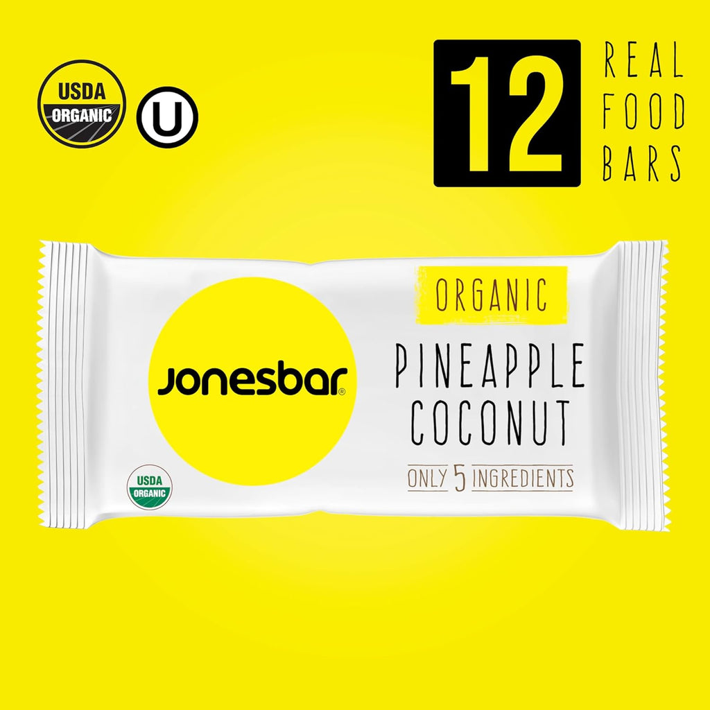 JONESBAR (Pineapple and Coconut, 12 Count (Pack of 1)), USDA Organic Fruit & Nut Bar, Non-GMO, Kosher, Vegan, Gluten Free, Simple Snack Bar