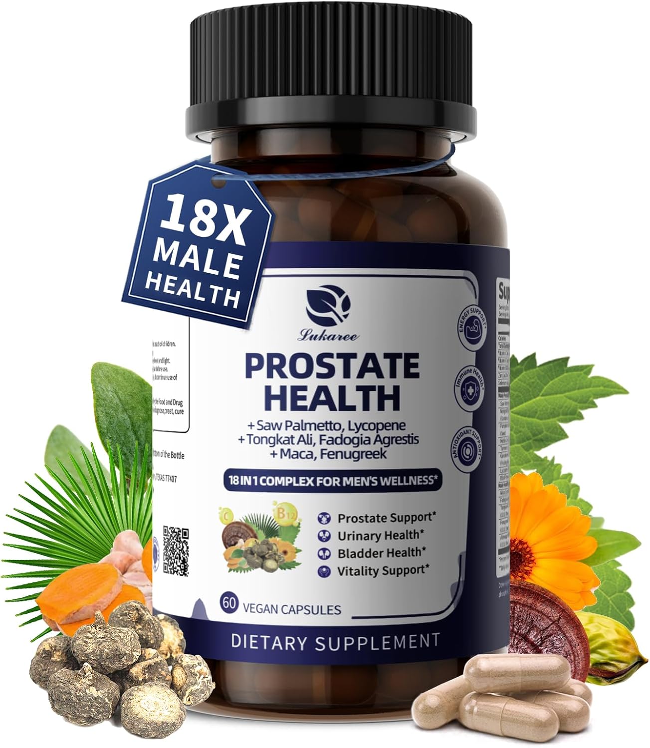 Prostate Health Supplements for Men - 18 in 1 Saw Palmetto with Pumpkin Seed & Nettle - Advanced DHT Blocker - Urinary Tract Health Support - Enhanced with Ashwagandha, Reishi, 60 Capsules