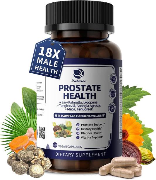 Prostate Health Supplements for Men - 18 in 1 Saw Palmetto with Pumpkin Seed & Nettle - Advanced DHT Blocker - Urinary Tract Health Support - Enhanced with Ashwagandha, Reishi, 60 Capsules